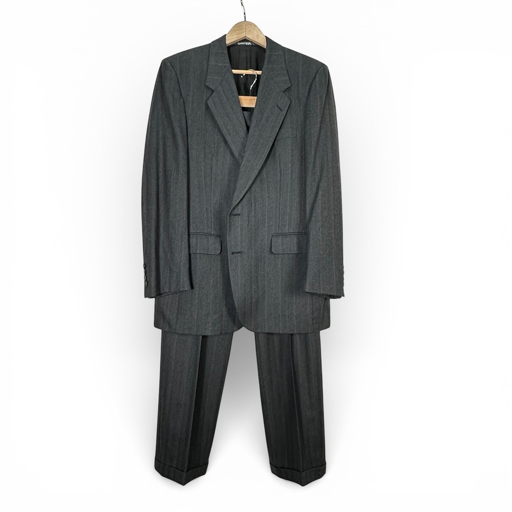 Vintage‎ Halston Mens Grey Pinstripe Wool 2 Piece Suit Pleated Cuffed Trousers
